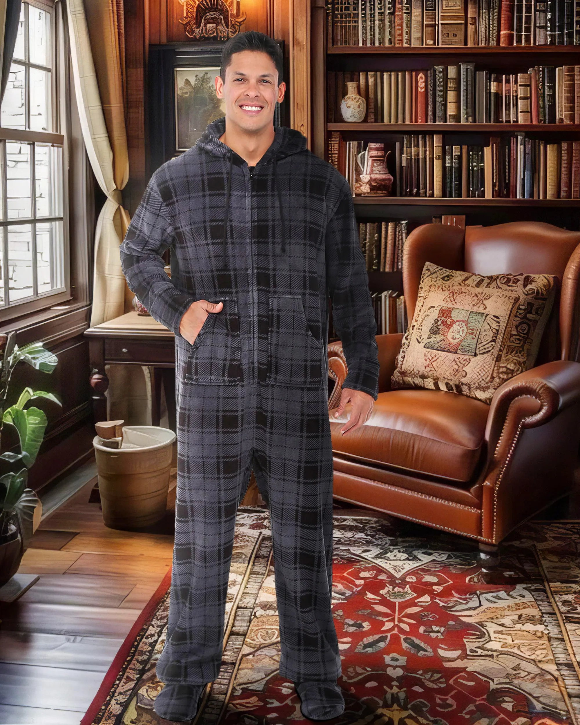 Men's Hooded Footed Adult Onesie Pajamas, Plush Winter PJs with Hood