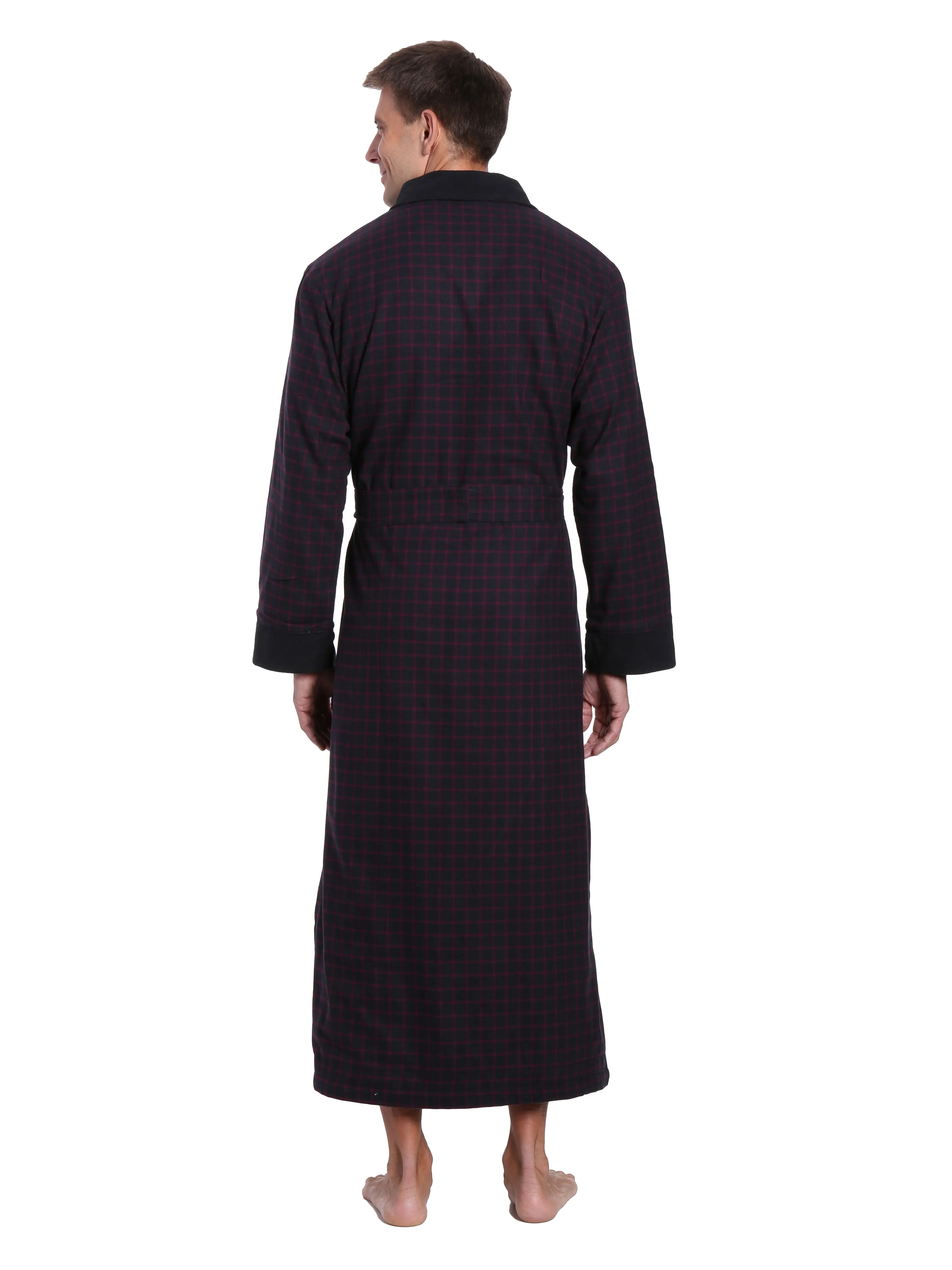 Mens Premium 100% Cotton Flannel Fleece Lined Robe - Checks - Black-Fig