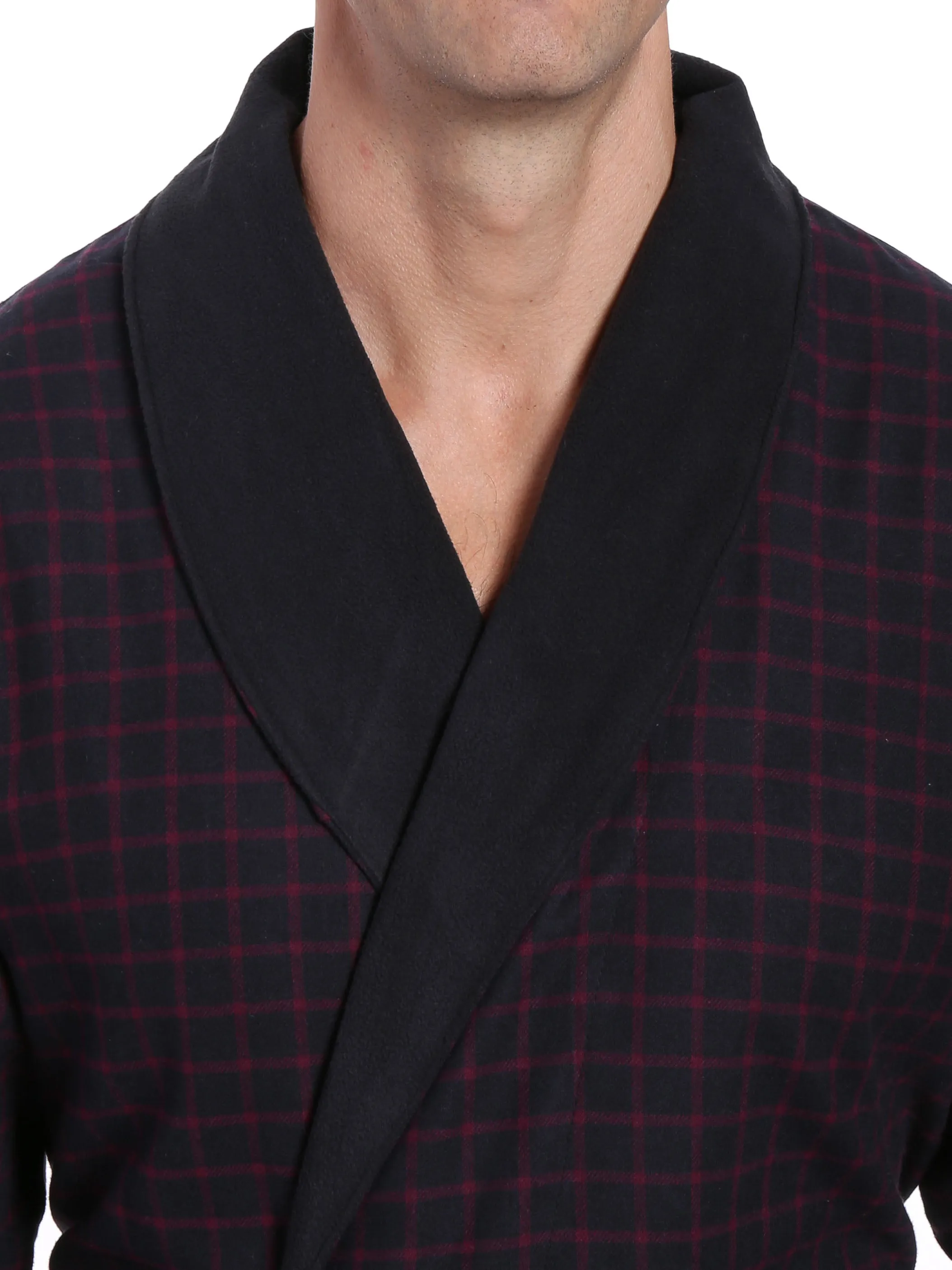 Mens Premium 100% Cotton Flannel Fleece Lined Robe - Checks - Black-Fig