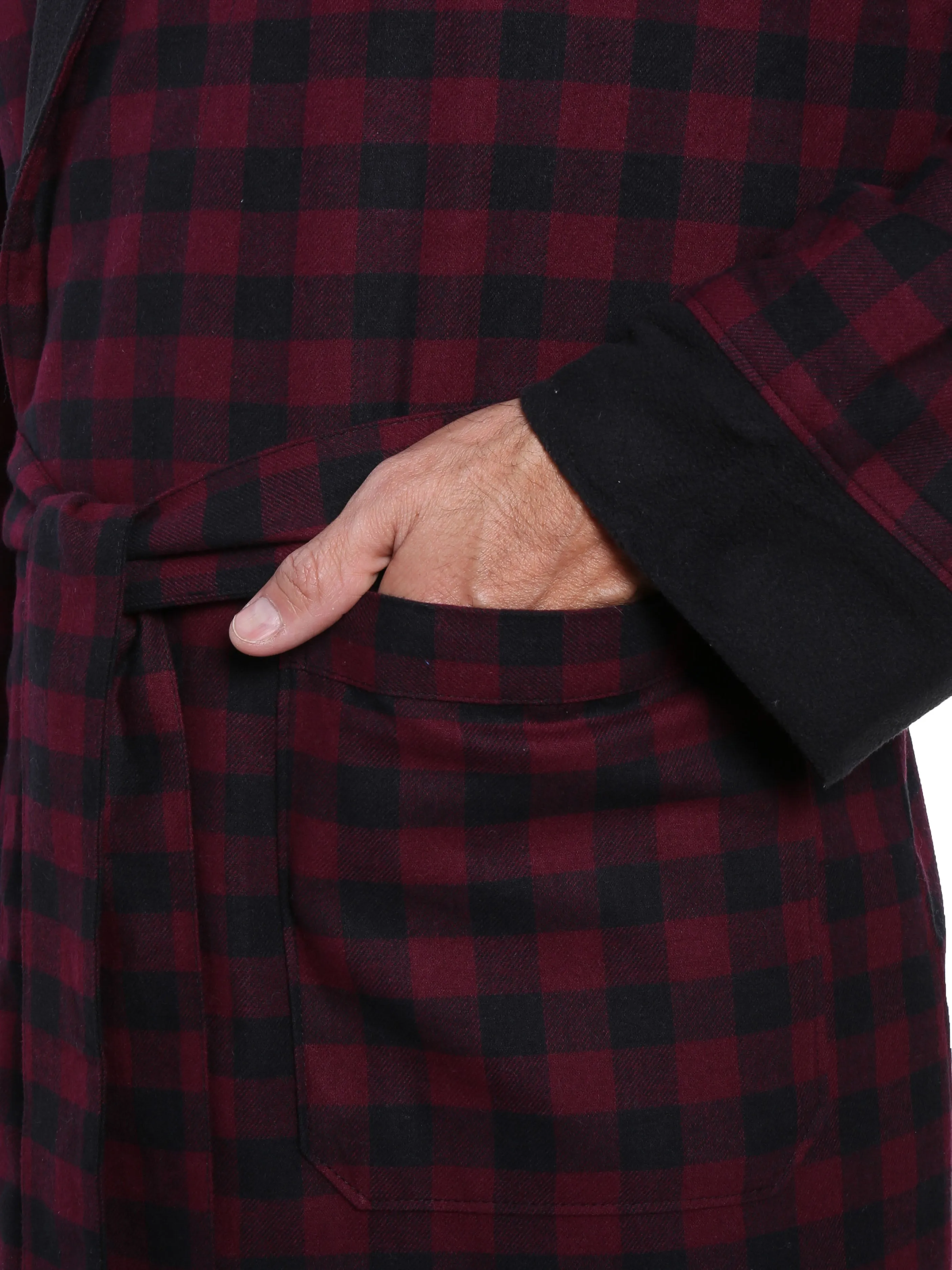 Mens Premium 100% Cotton Flannel Fleece Lined Robe - Gingham Checks - Fig Black