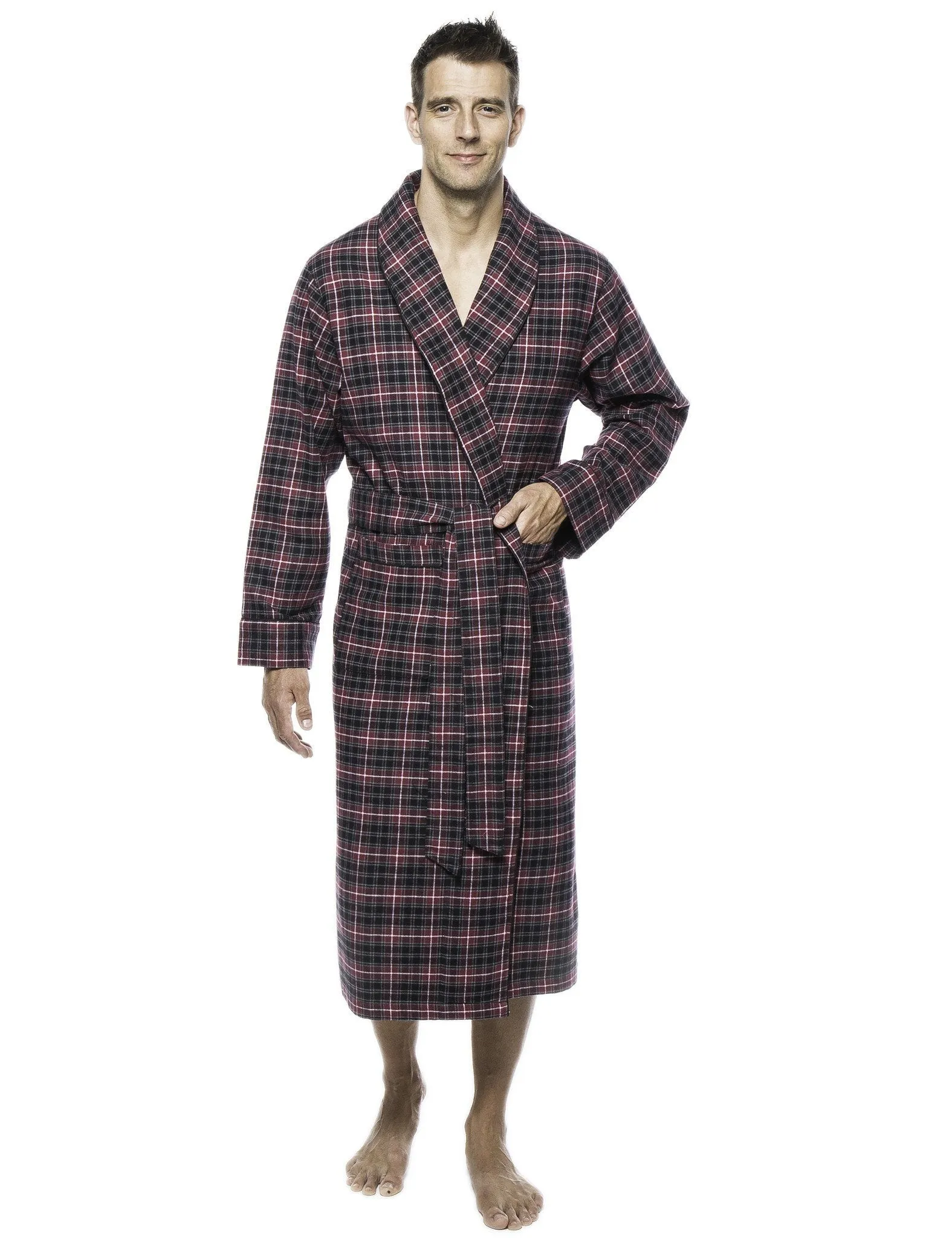 Mens Premium 100% Cotton Flannel Robe - Burgundy/Grey