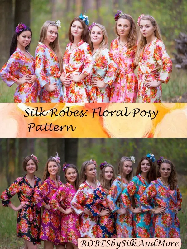 Mismatched Silk Floral Posy Patterned Bridesmaids Robes in Soft Tones