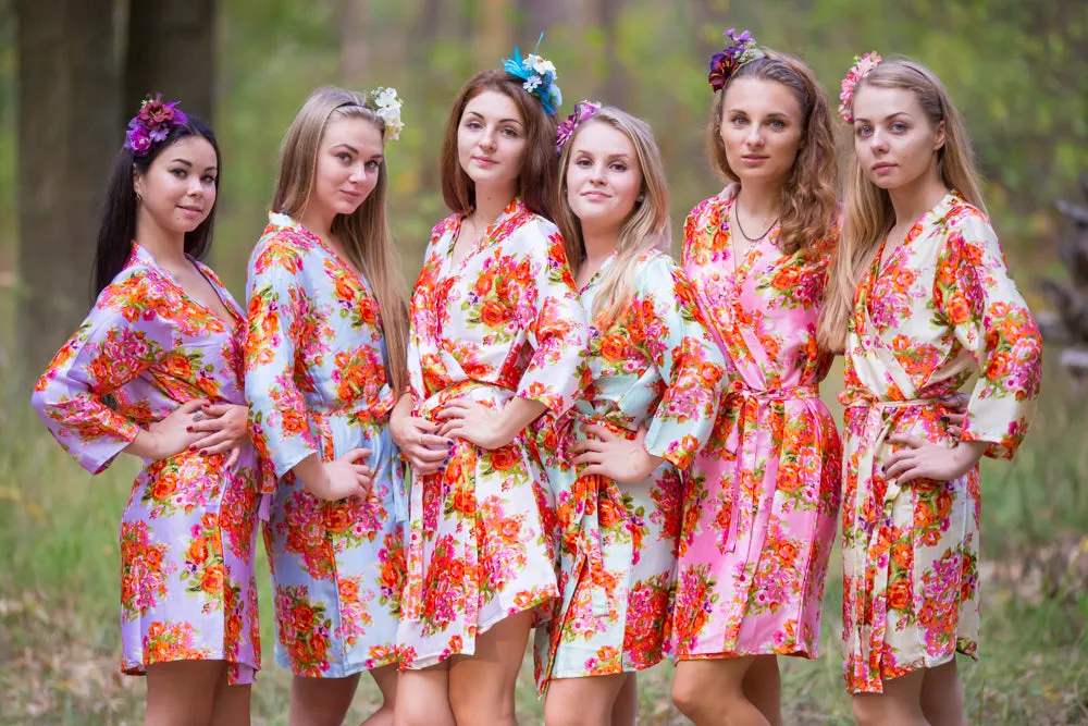 Mismatched Silk Floral Posy Patterned Bridesmaids Robes in Soft Tones