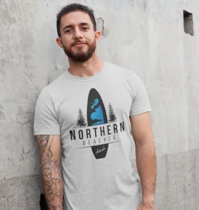 Northern Beaches Surfboard & Norfolk Pines T-Shirt (Grey Marle)