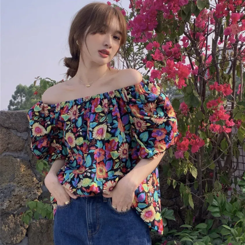 Off-Shoulder Blouse With Floral Pattern