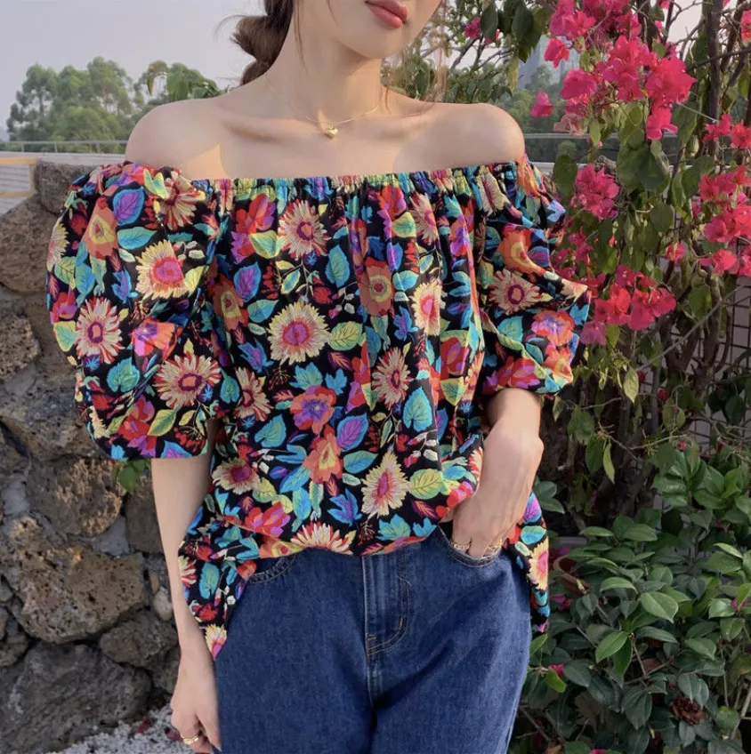 Off-Shoulder Blouse With Floral Pattern