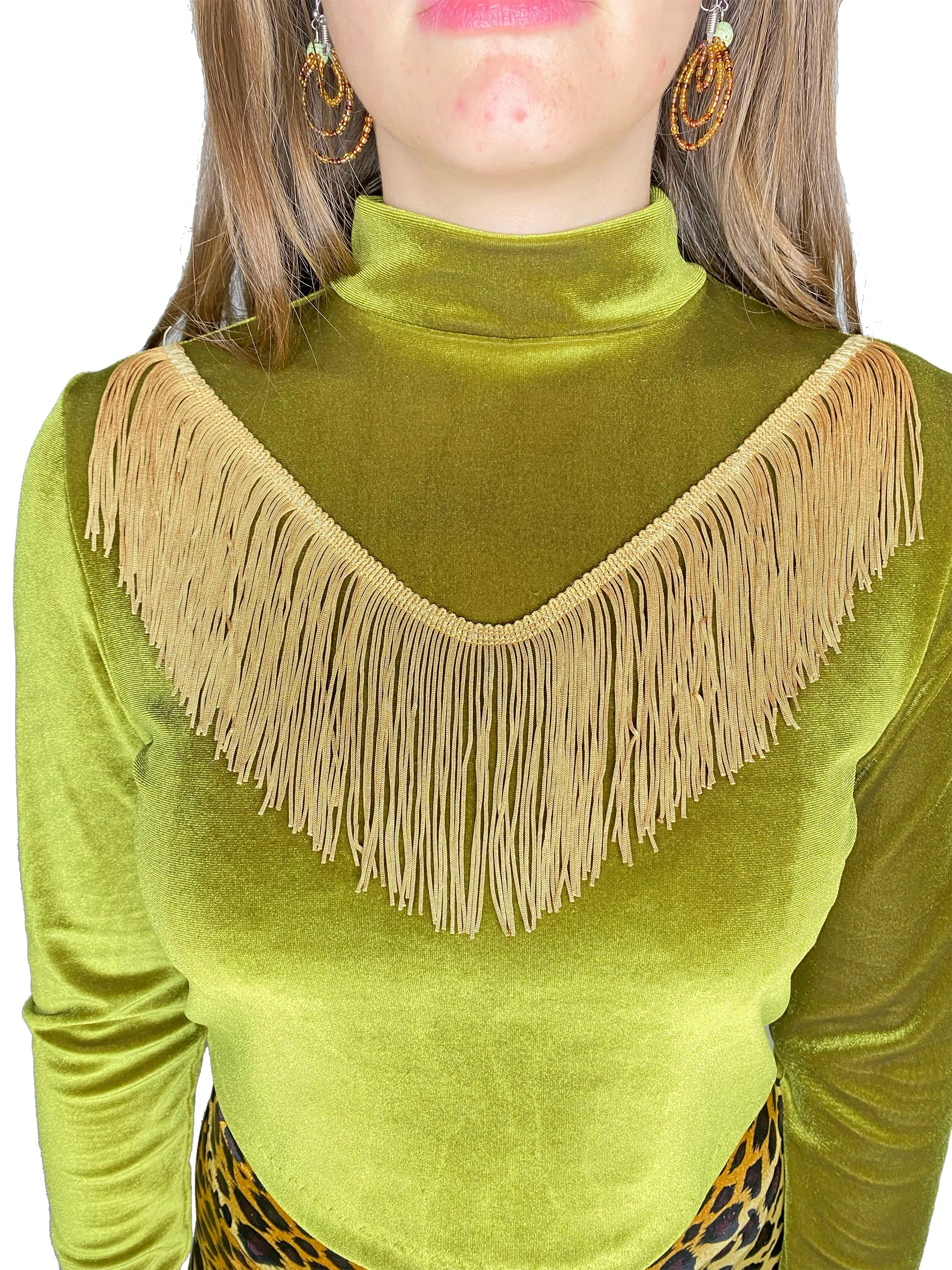 Olive Velvet Dolly Fringe Top