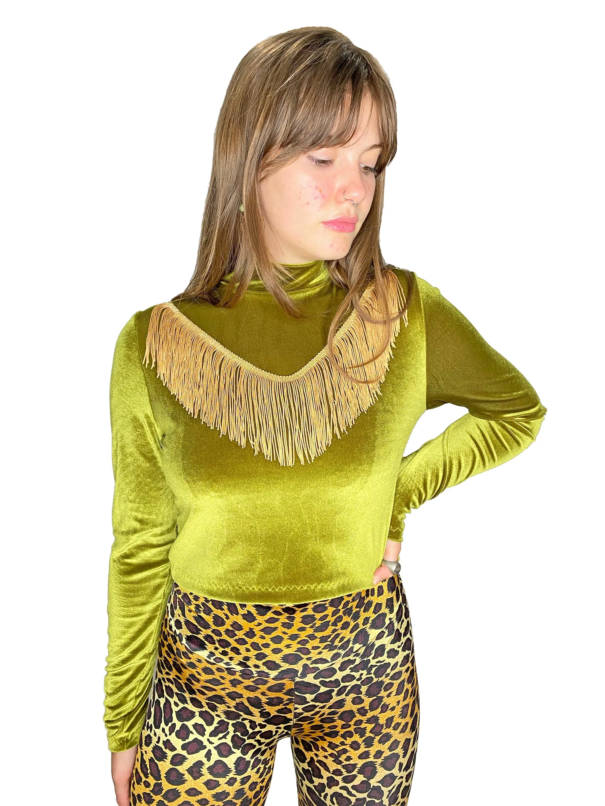 Olive Velvet Dolly Fringe Top