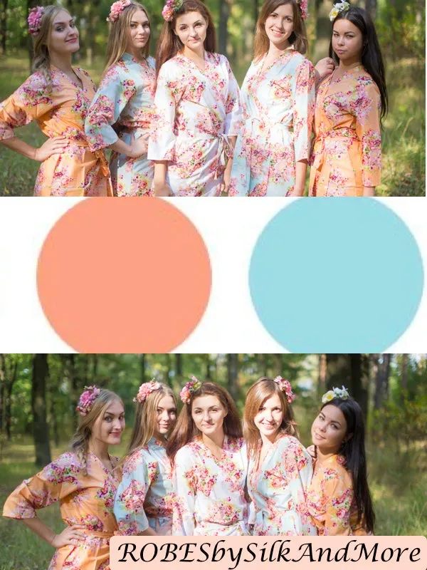 Peach & Sky Blue Wedding Colors Bridesmaids Robes, Kimono Robes