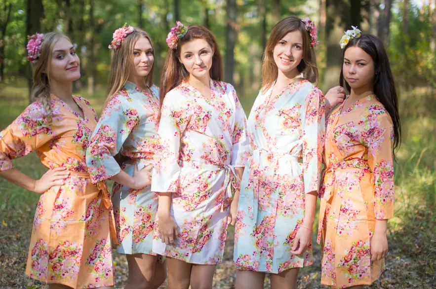 Peach & Sky Blue Wedding Colors Bridesmaids Robes, Kimono Robes