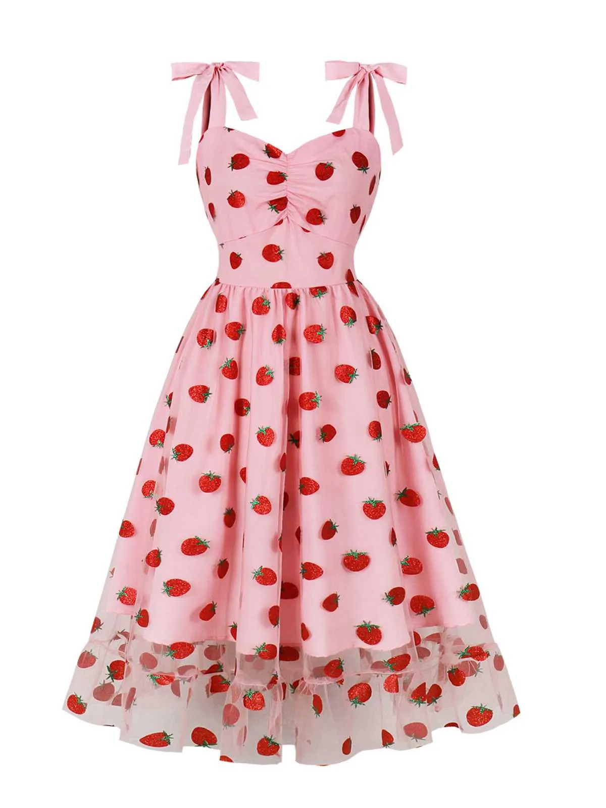 Pink 1950s Spaghetti Strap Bow Strawberry Dress