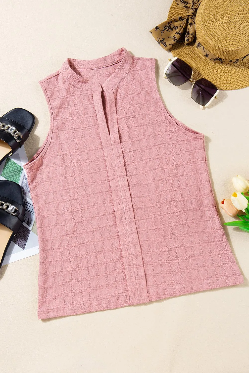 Pink Lattice Textured Split Neck Sleeveless Summer Tank Top