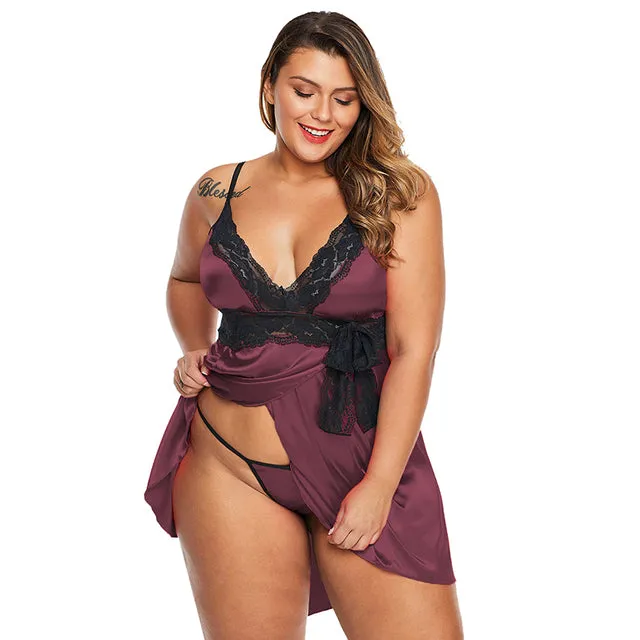 Plus Size Lace Satin Baby-doll Sleeveless V-neck Sexy Lingerie Set