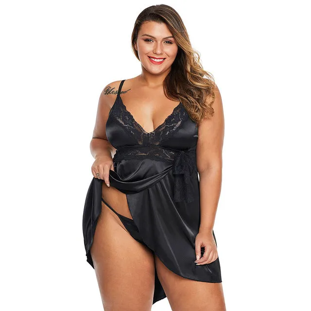 Plus Size Lace Satin Baby-doll Sleeveless V-neck Sexy Lingerie Set