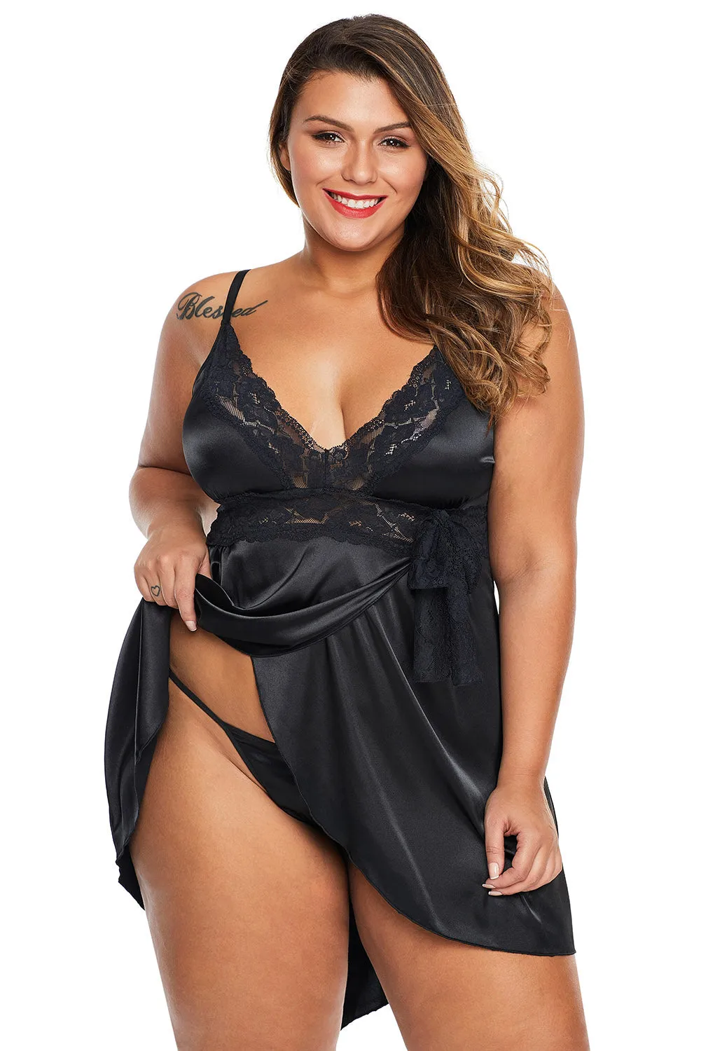 Plus Size Lace Satin Baby-doll Sleeveless V-neck Sexy Lingerie Set