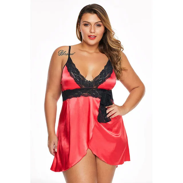 Plus Size Lace Satin Baby-doll Sleeveless V-neck Sexy Lingerie Set