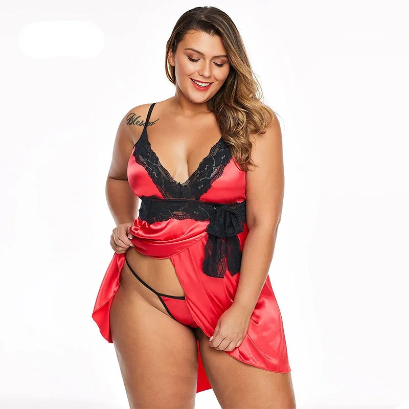 Plus Size Lace Satin Baby-doll Sleeveless V-neck Sexy Lingerie Set