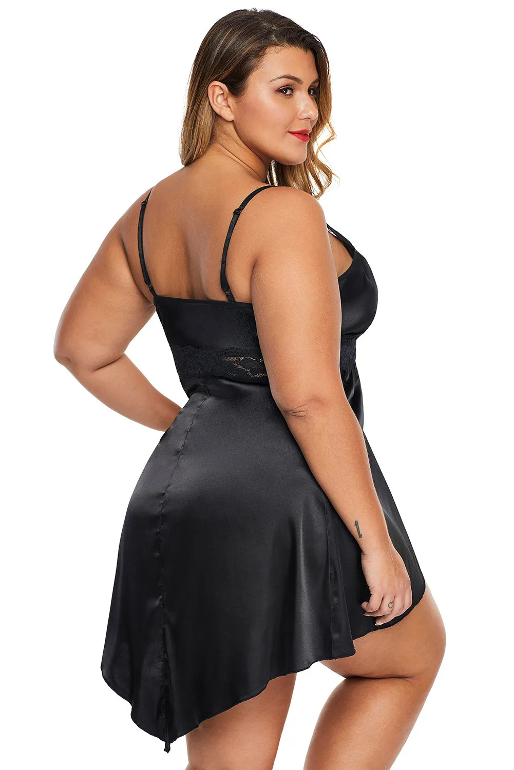 Plus Size Lace Satin Baby-doll Sleeveless V-neck Sexy Lingerie Set