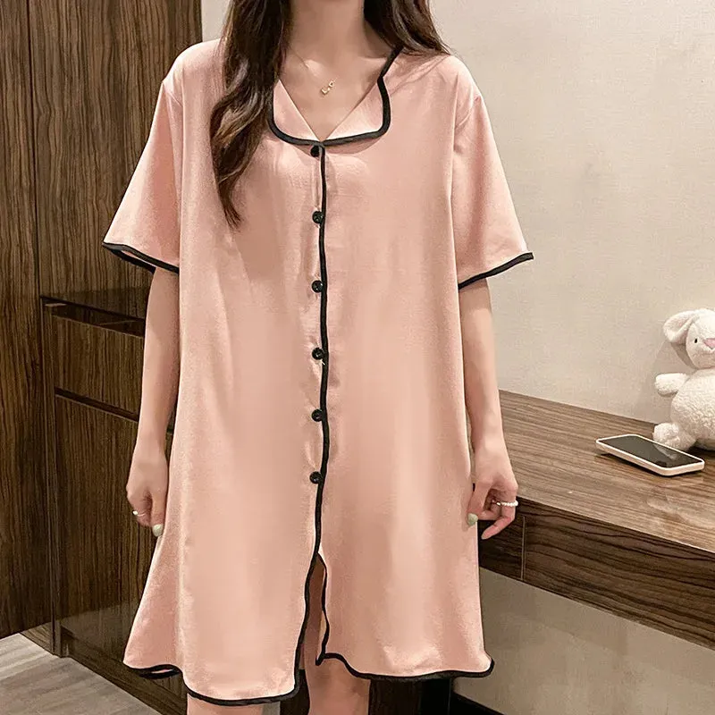 Plus Size M-4XL Women's Nightgown Summer Sweet Short Sleeve Home Dress Ice Silk Night Skirt Cardigan Cute Korean Night Gown