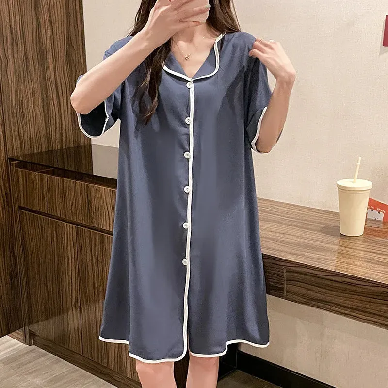 Plus Size M-4XL Women's Nightgown Summer Sweet Short Sleeve Home Dress Ice Silk Night Skirt Cardigan Cute Korean Night Gown