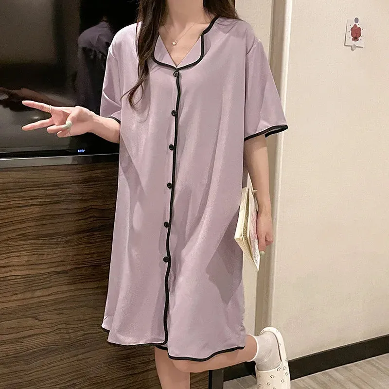 Plus Size M-4XL Women's Nightgown Summer Sweet Short Sleeve Home Dress Ice Silk Night Skirt Cardigan Cute Korean Night Gown