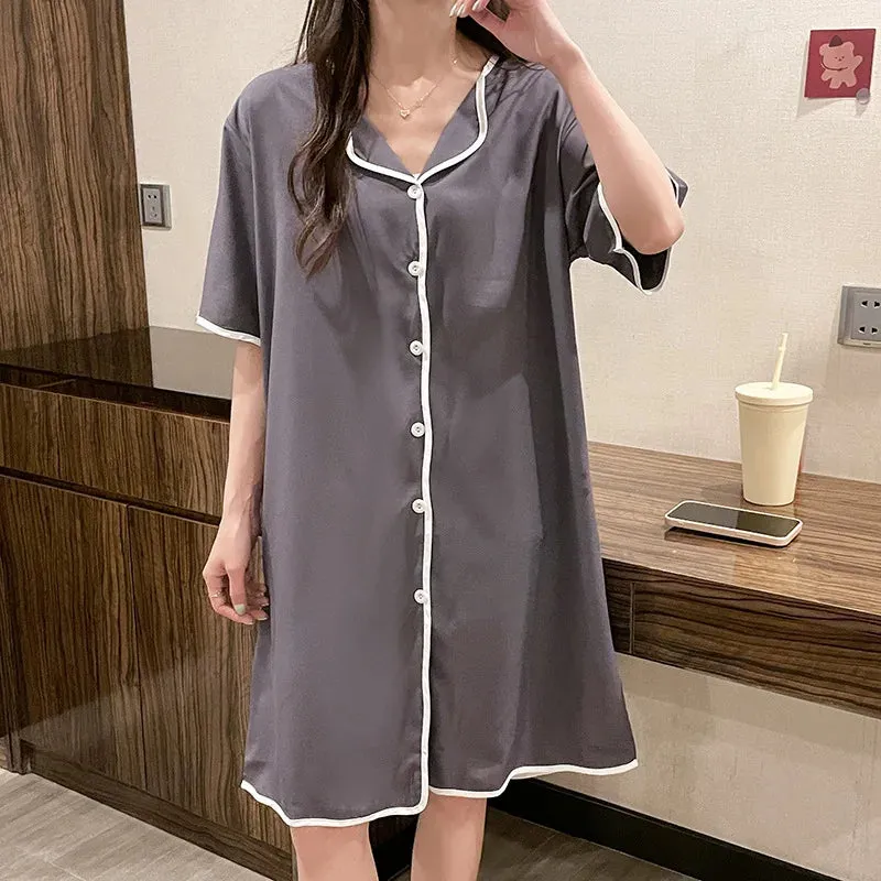 Plus Size M-4XL Women's Nightgown Summer Sweet Short Sleeve Home Dress Ice Silk Night Skirt Cardigan Cute Korean Night Gown