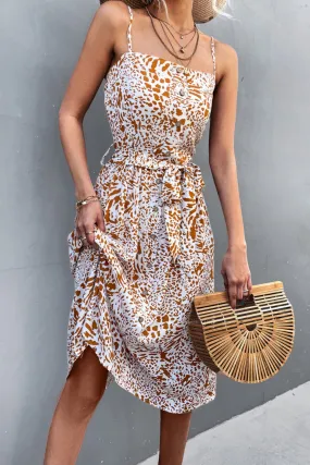 Printed Spaghetti Strap Decorative Button Belted Dress