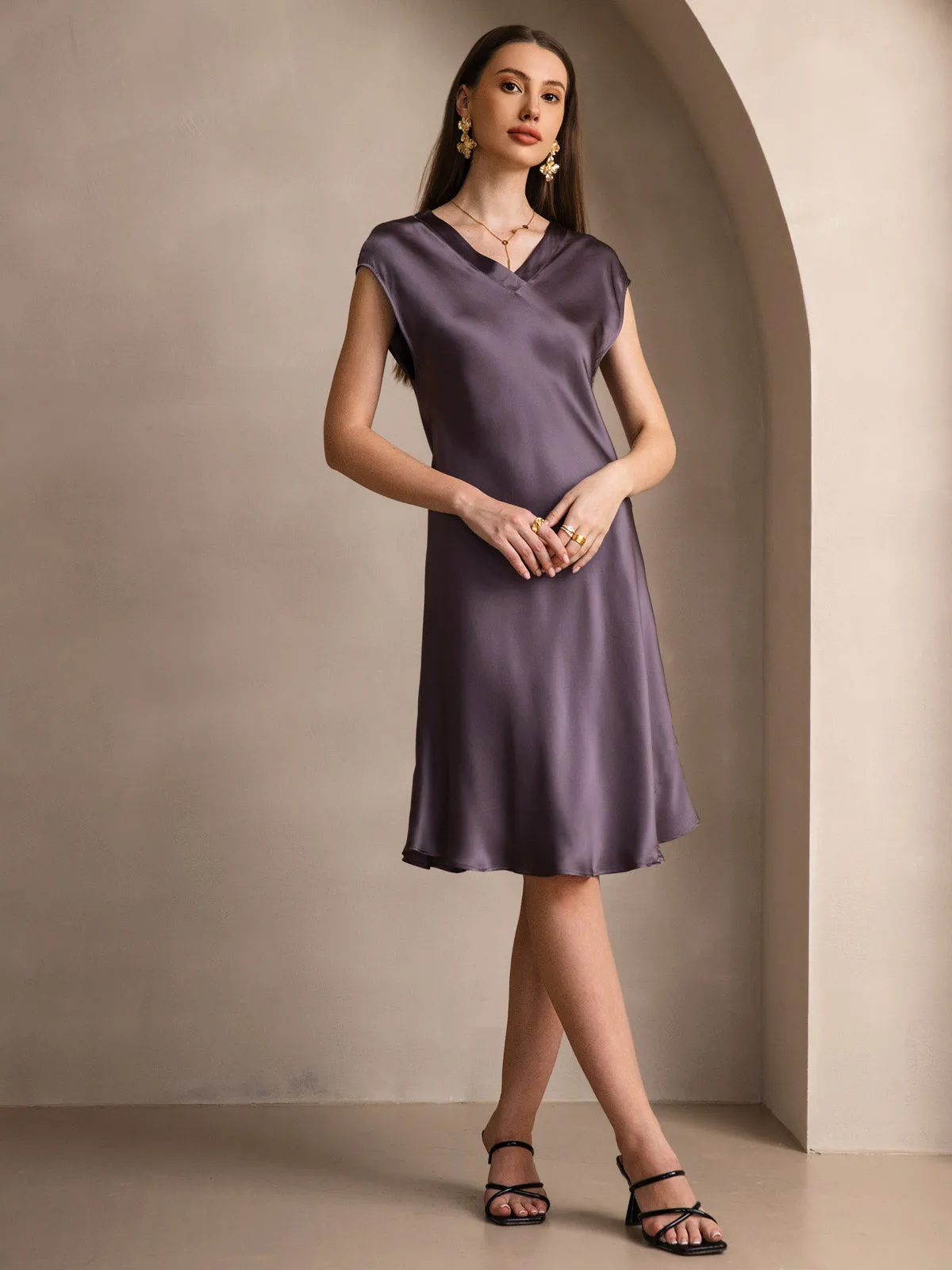 Pure Silk Elegant Short Sleeves Dress