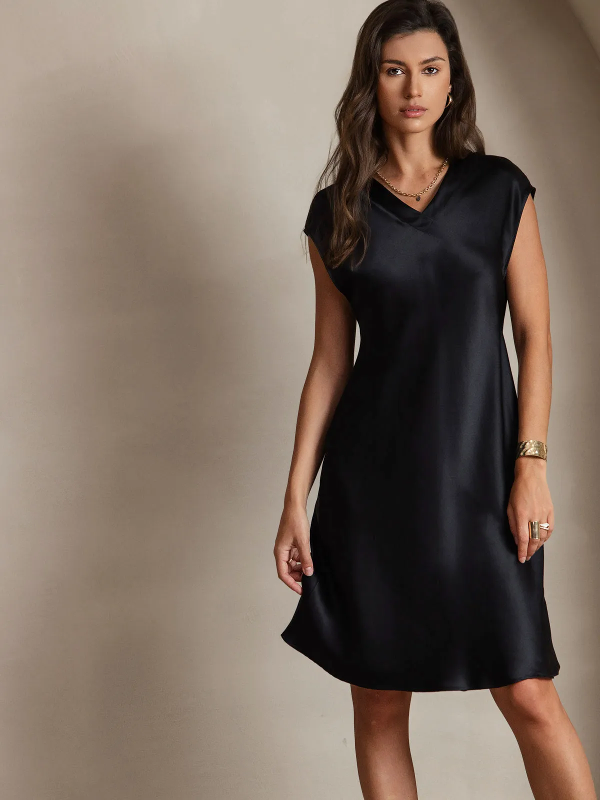 Pure Silk Elegant Short Sleeves Dress