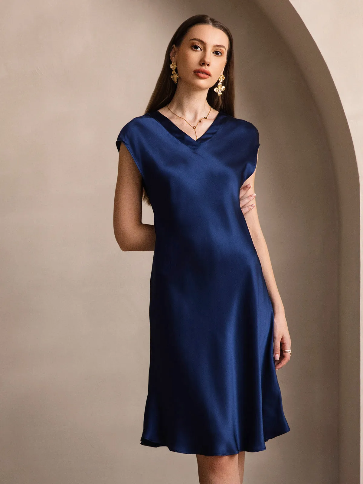 Pure Silk Elegant Short Sleeves Dress