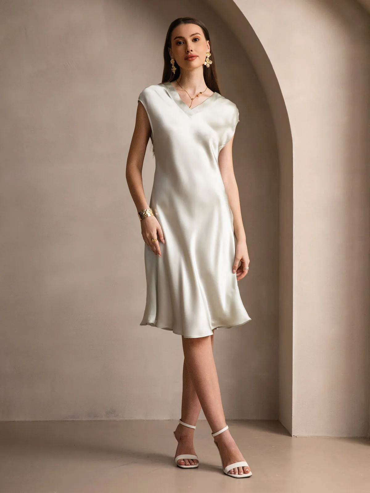 Pure Silk Elegant Short Sleeves Dress