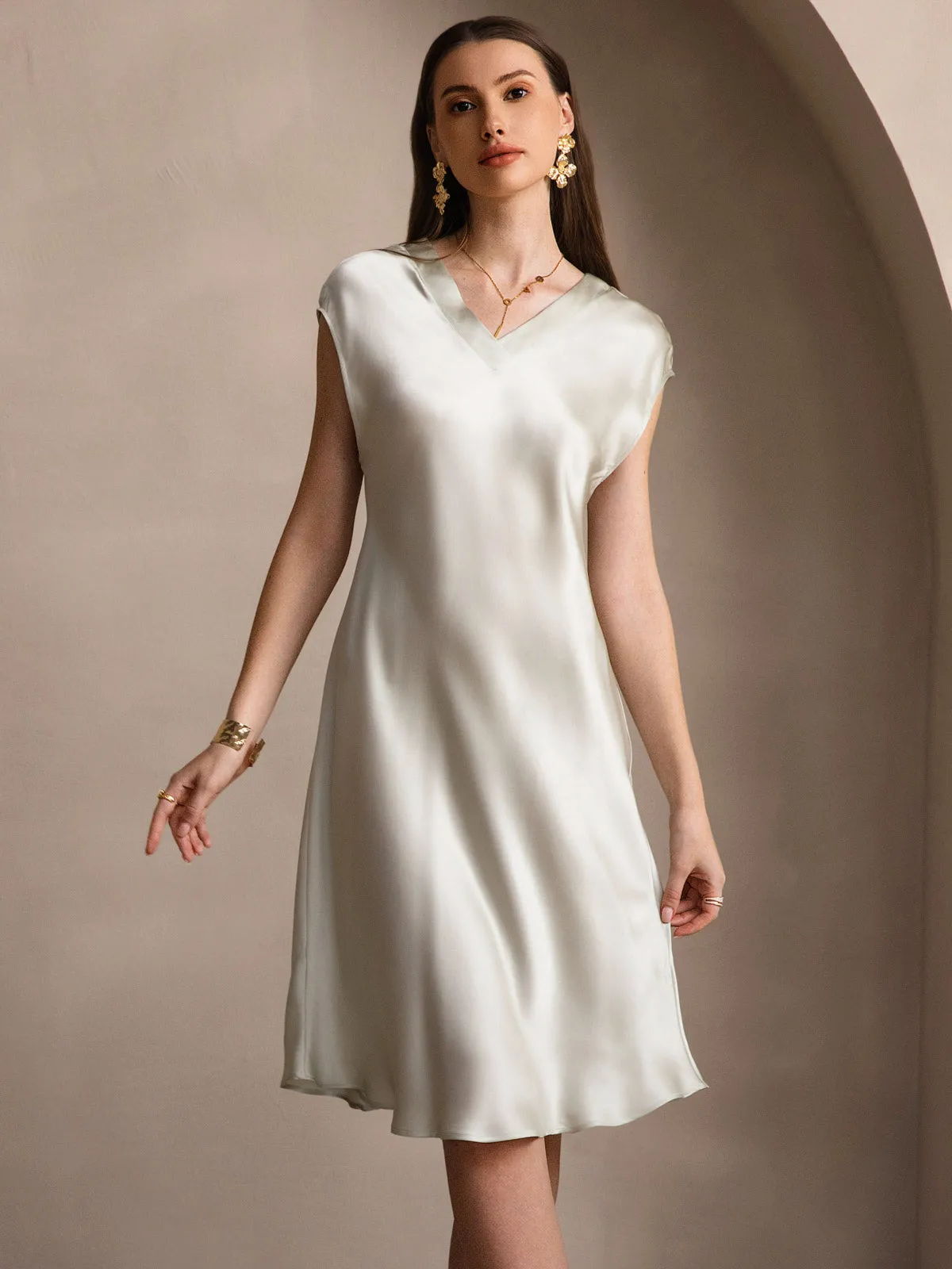 Pure Silk Elegant Short Sleeves Dress