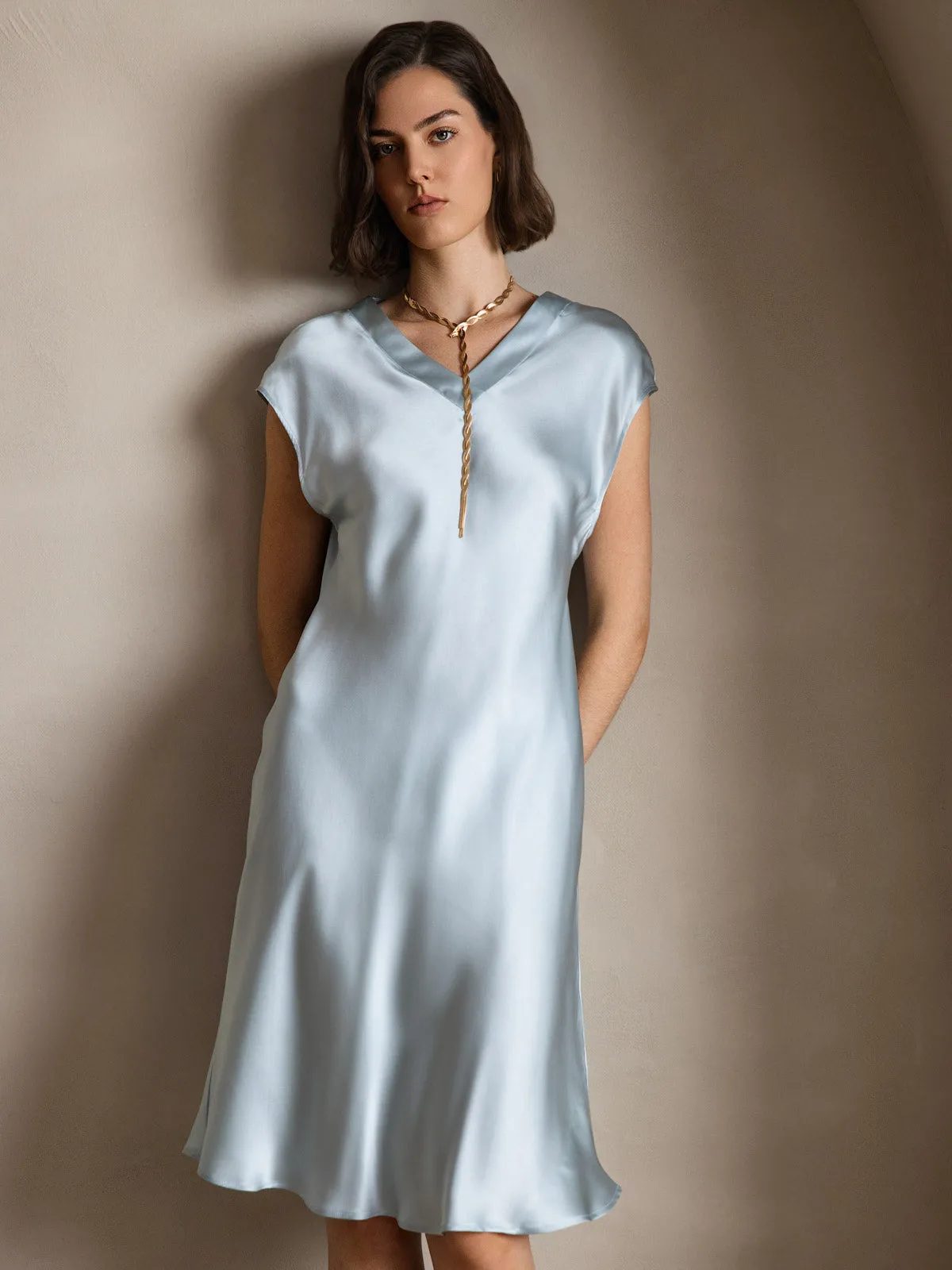 Pure Silk Elegant Short Sleeves Dress