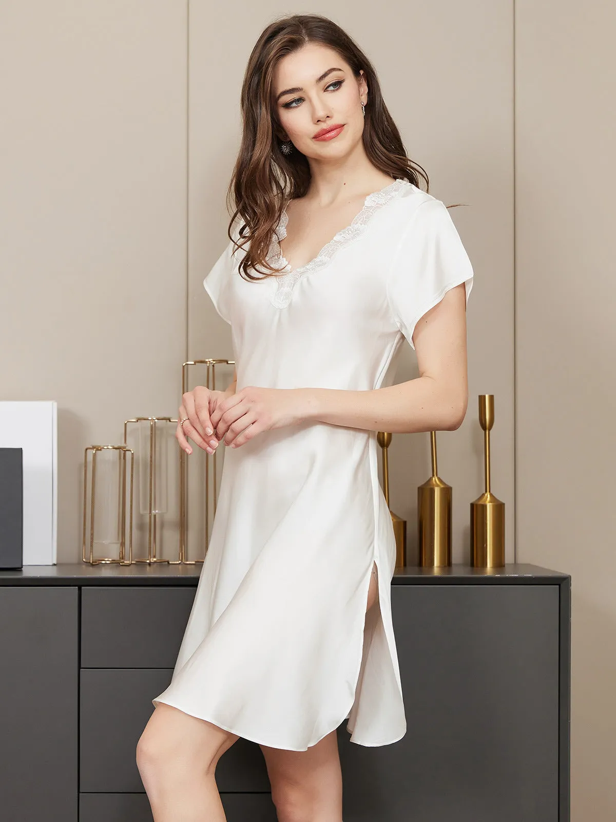 Pure Silk Sexy Lace Neck Split Hem Nightgown