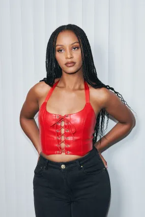 Red Faux Plant Leather Lace Up Halter Top