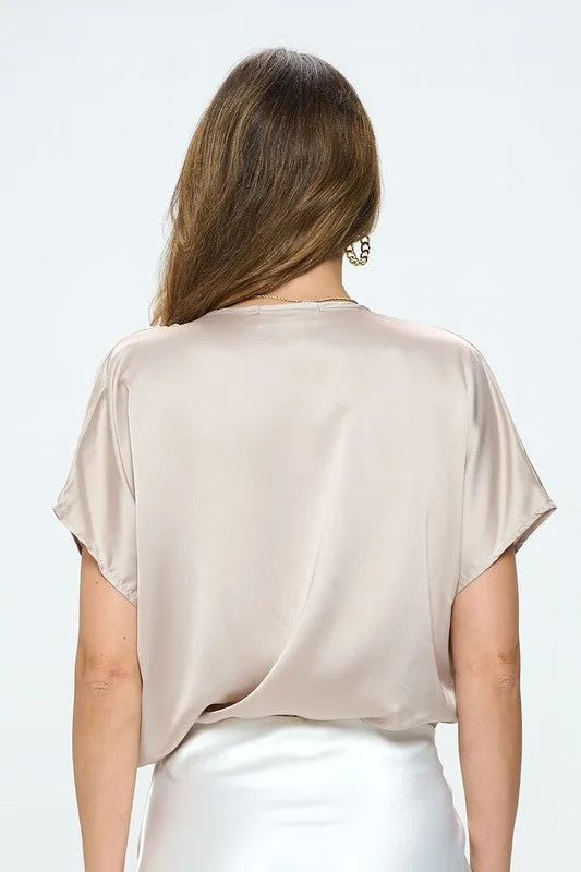 Satin Cowl Neck Short Sleeve Top