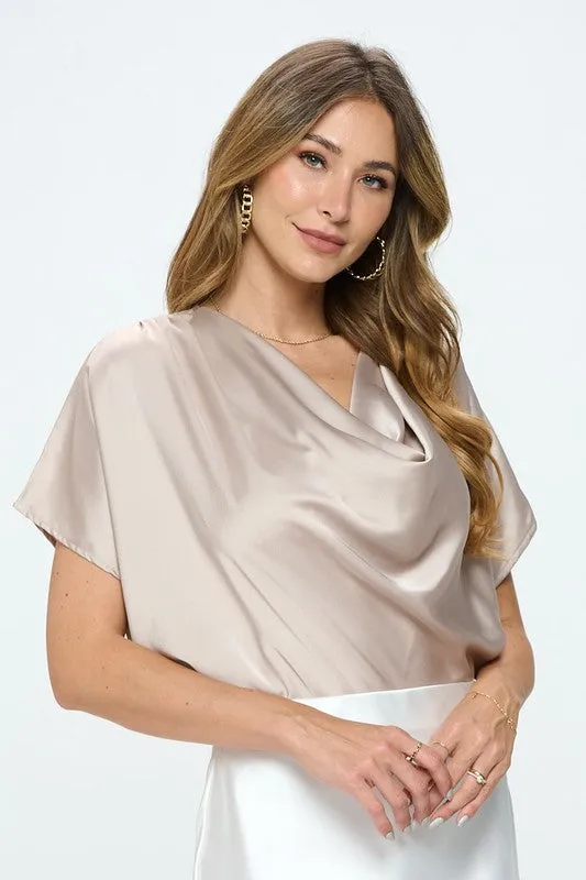 Satin Cowl Neck Short Sleeve Top