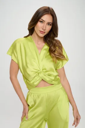 Satin Short Sleeve Top with Front Twist