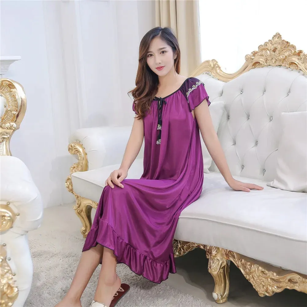 Sexy Silk Nightgown Women 2023 Long Female Summer Short Sleepwear Faux Silk Satin Bow Nightdress Round Neck Nightwear for Ladies