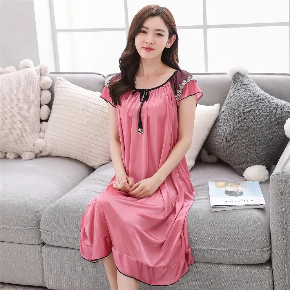 Sexy Silk Nightgown Women 2023 Long Female Summer Short Sleepwear Faux Silk Satin Bow Nightdress Round Neck Nightwear for Ladies