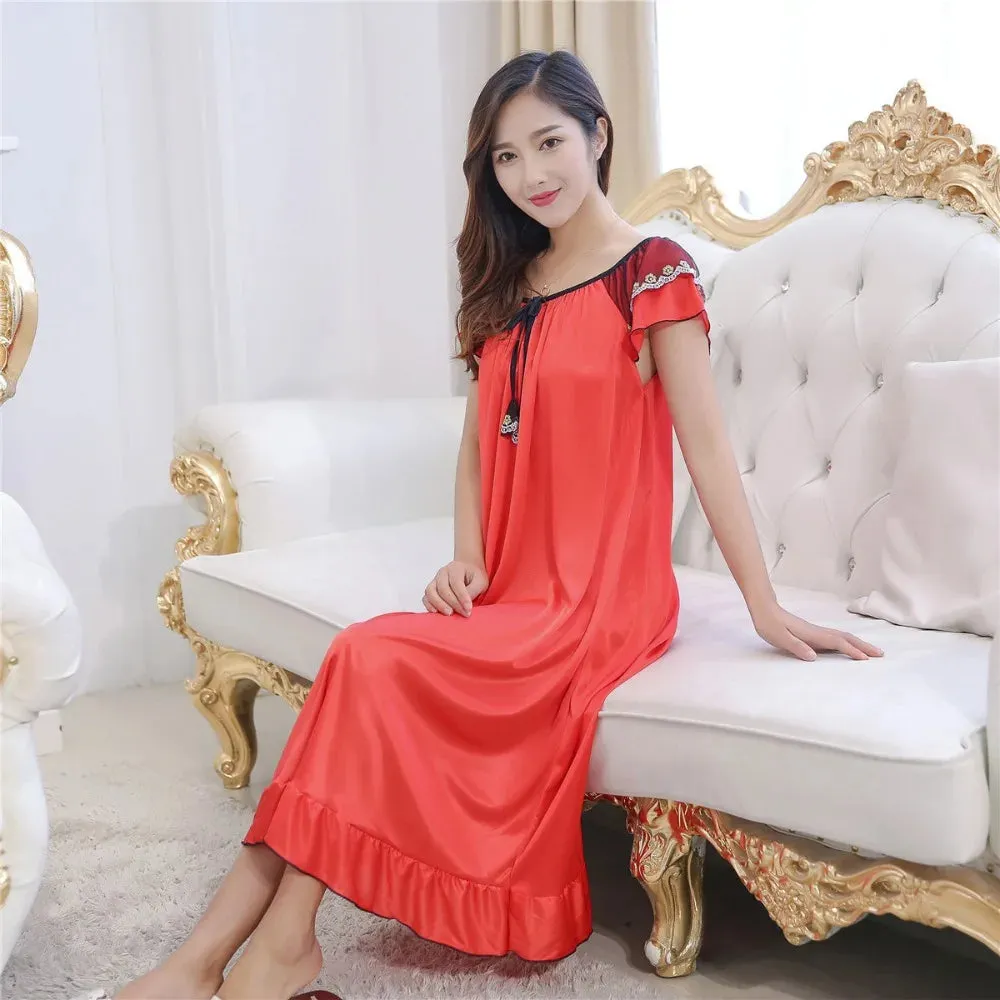 Sexy Silk Nightgown Women 2023 Long Female Summer Short Sleepwear Faux Silk Satin Bow Nightdress Round Neck Nightwear for Ladies