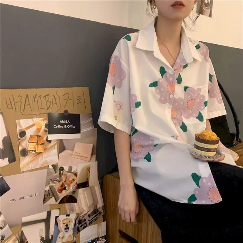 Shortsleeved Shirt With Turn-Down Collar And Floral Print