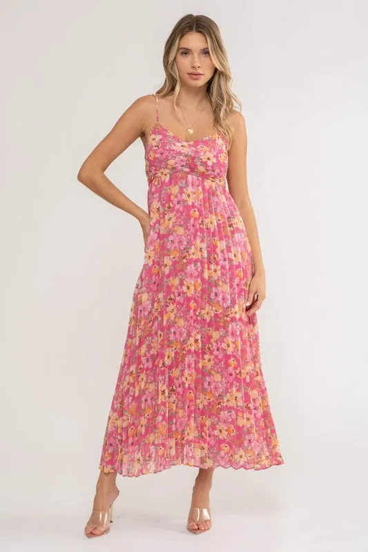 SPAGHETTI STRAP FLORAL MIDI DRESS - PINK MULTI