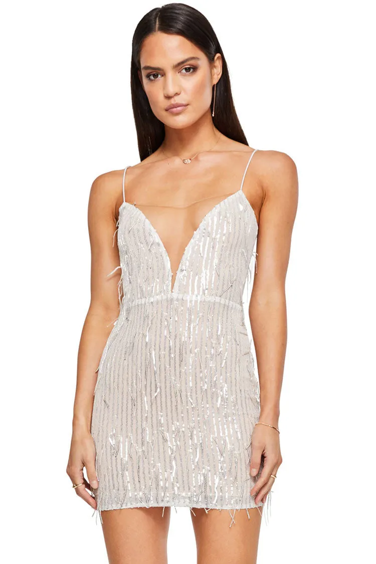 Sparkly Mesh Deep V Spaghetti Strap Sequin Fringe Mini Dress - Silver