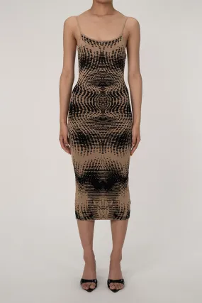 Vintage Abstract Jacquard Pattern Scoop Neck Spaghetti Strap Knit Midi Dress