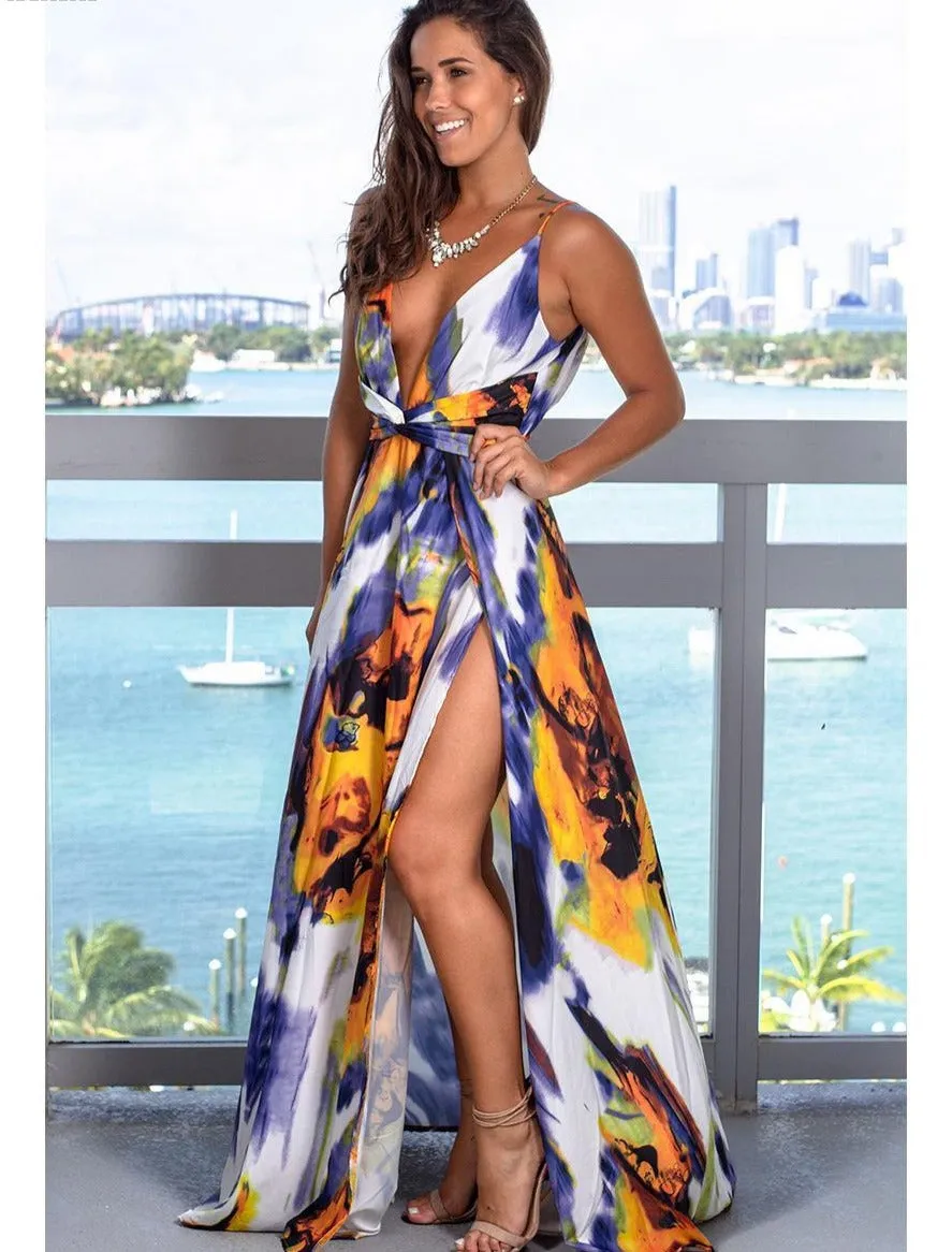 Wjczt Summer new women's fashion casual sleeveless halters V-neck leakback print beach slit dress