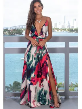 Wjczt Summer new women's fashion casual sleeveless halters V-neck leakback print beach slit dress