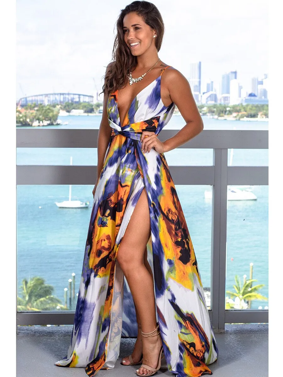 Wjczt Summer new women's fashion casual sleeveless halters V-neck leakback print beach slit dress