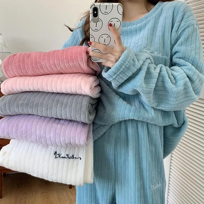 Women Winter Pajamas Set Warm Homewear Winter Sleepwear Female Flannel Pants Suit