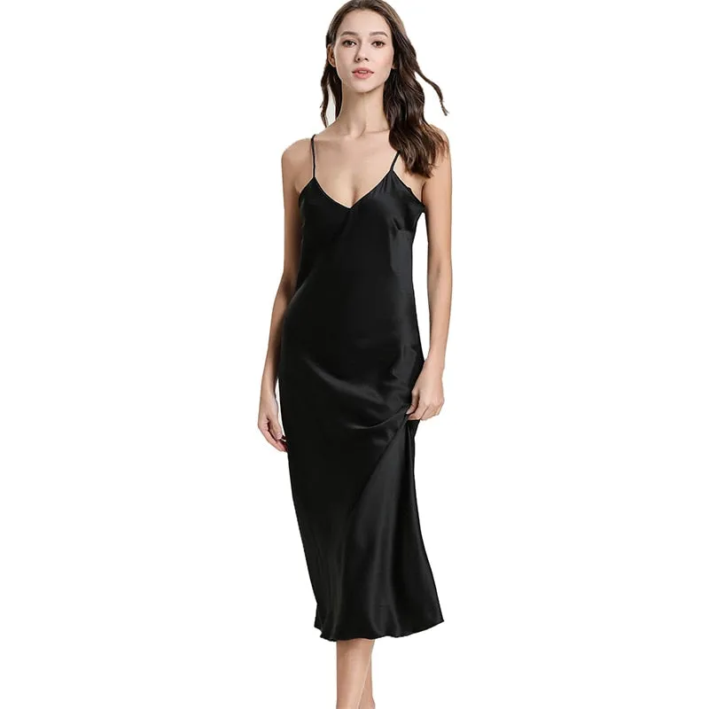 Women&#39;s Satin Nightgown Long Slip Sleep Dress Silk V Neck Sleepwear Solid Color Nightwear